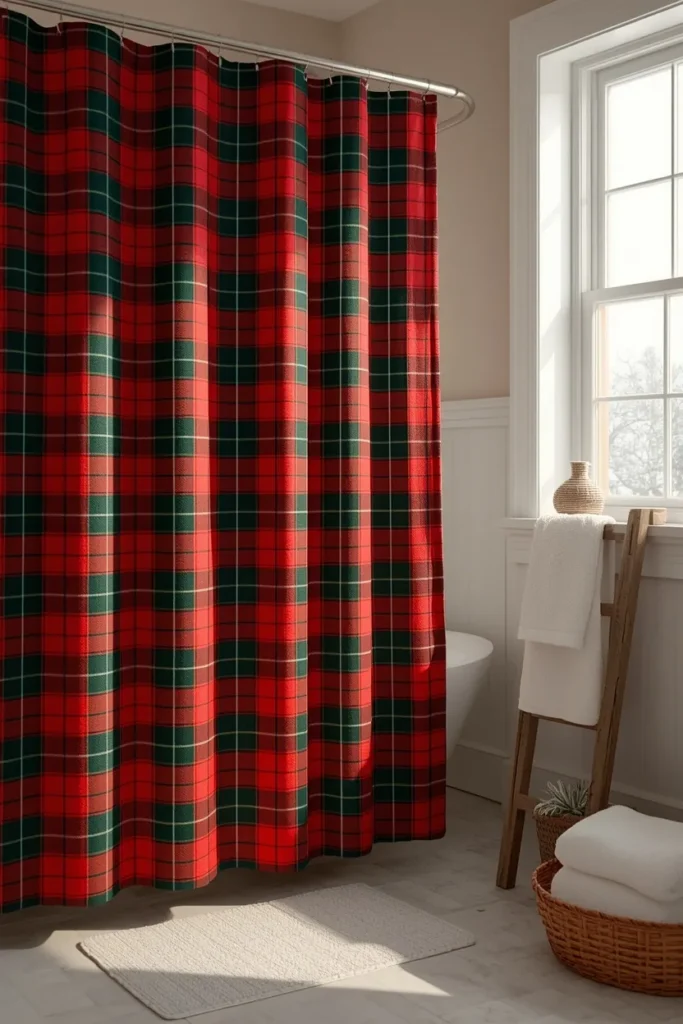 Christmas bathroom, featuring a red and green plaid shower curtain