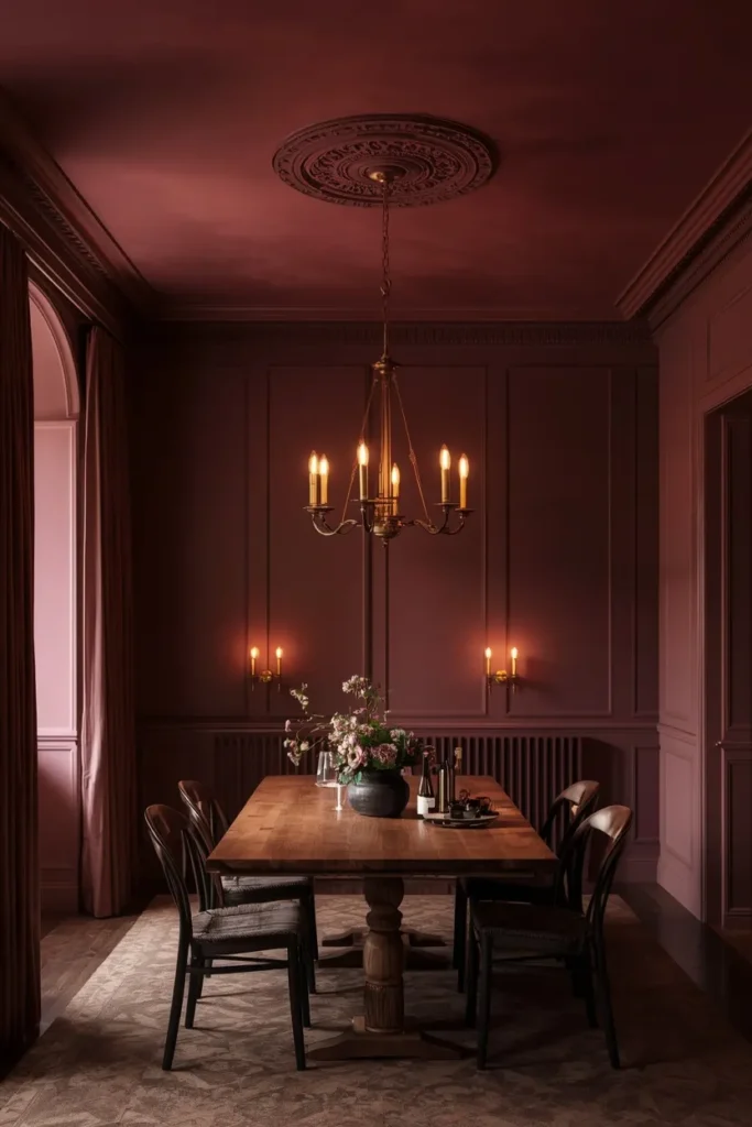  dining room shot, featuring a deep aubergine painted ceiling above a wood dining table,