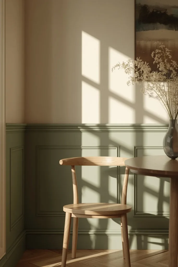 dining room corner, featuring sage green wainscoting paired with cream upper walls,