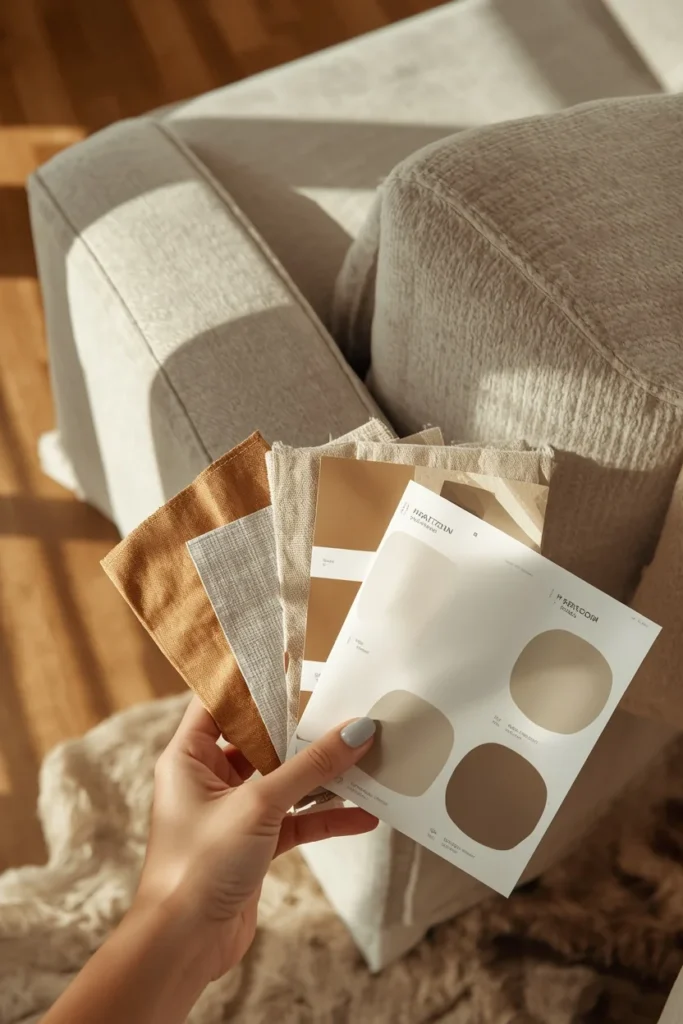 20 Cozy Warm Neutral Fall Living Room Ideas Anyone Can Recreate 3 living room close-up, featuring fabric swatches and paint chips