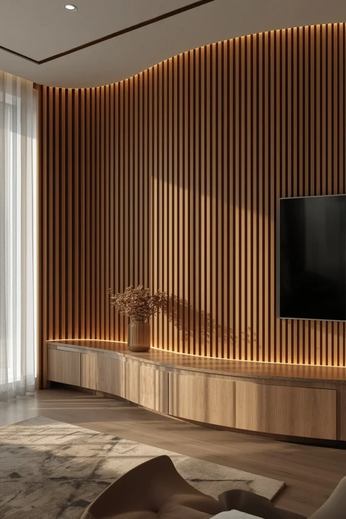 15 Curved Accent Wall Ideas to Soften a Boxy Room 3 living room corner, featuring a curved vertical wood slat accent wall