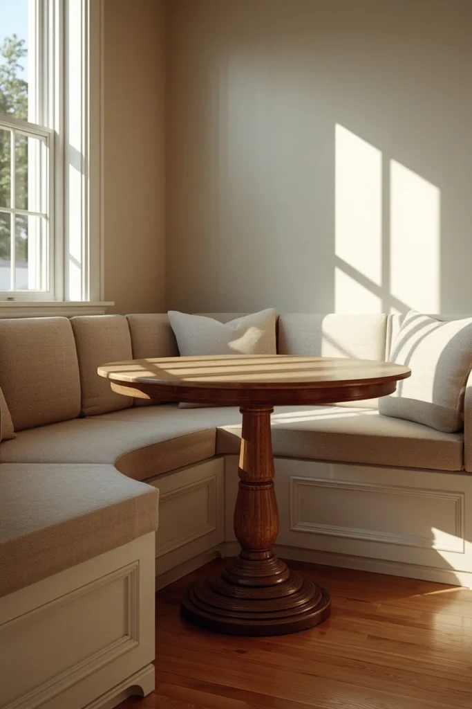  kitchen nook shot, featuring a curved banquette bench paired with a round wood pedestal table