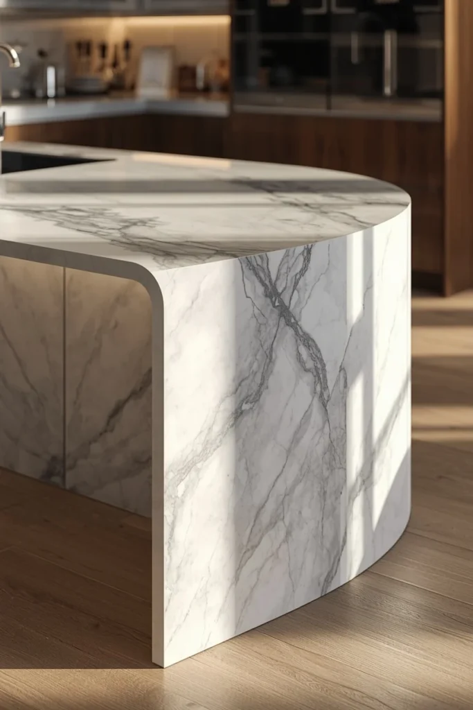 17 Curved Kitchen Peninsula Ideas for Better Small-Space Flow 3 kitchen peninsula close-up, featuring a curved quartz waterfall countertop wrapping seamlessly down to the floor