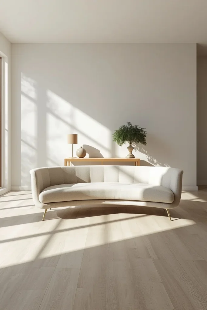  open-concept living room shot, featuring a curved neutral linen sofa floated several feet