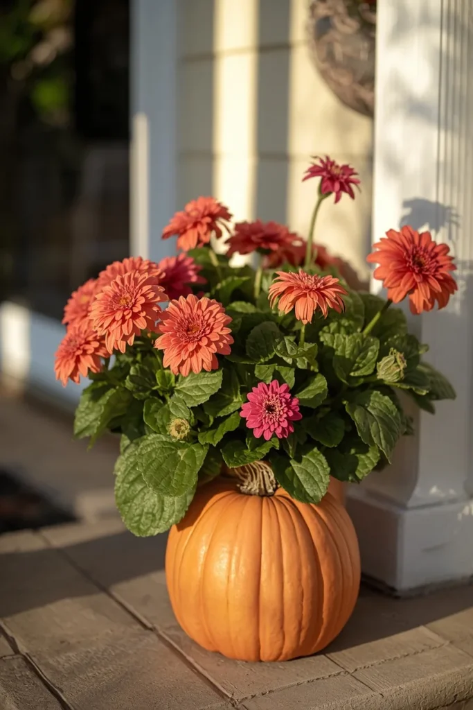  front porch planter, featuring coral and magenta summer flowers 