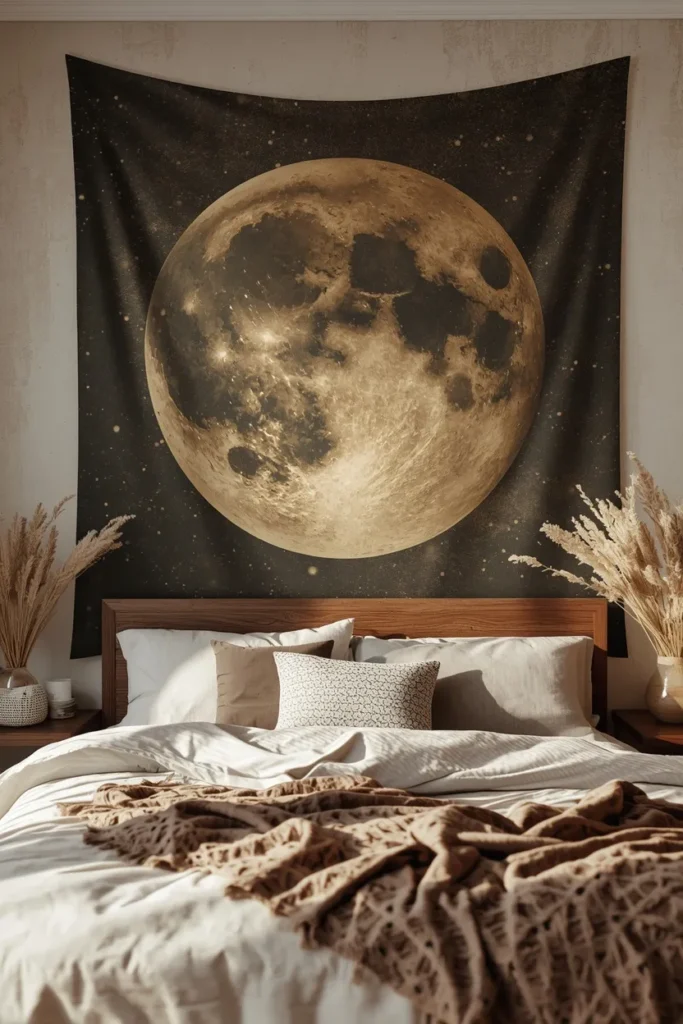  bedroom, featuring a large moon phase tapestry in muted gold and charcoal tones