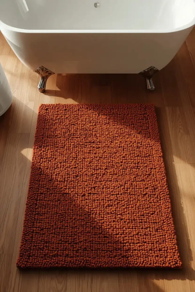 15 Fall Bathroom Decor Ideas for a Cozy Season Refresh 3 bathroom floor, featuring a chunky woven bath mat in warm rust tones