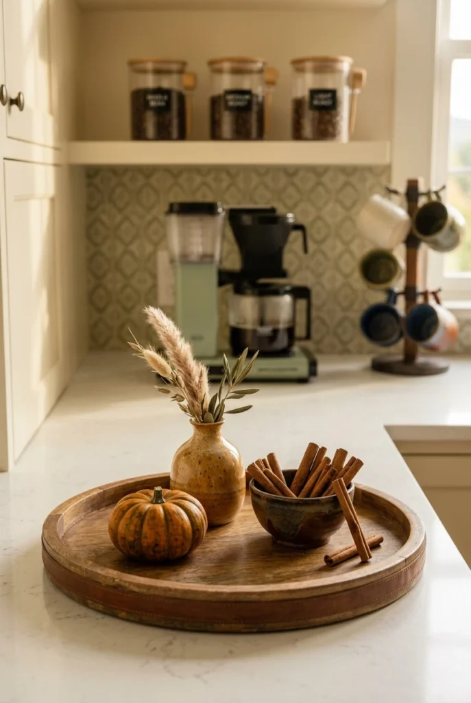 kitchen coffee station, featuring a single grouped tray moment with a mini pumpkin