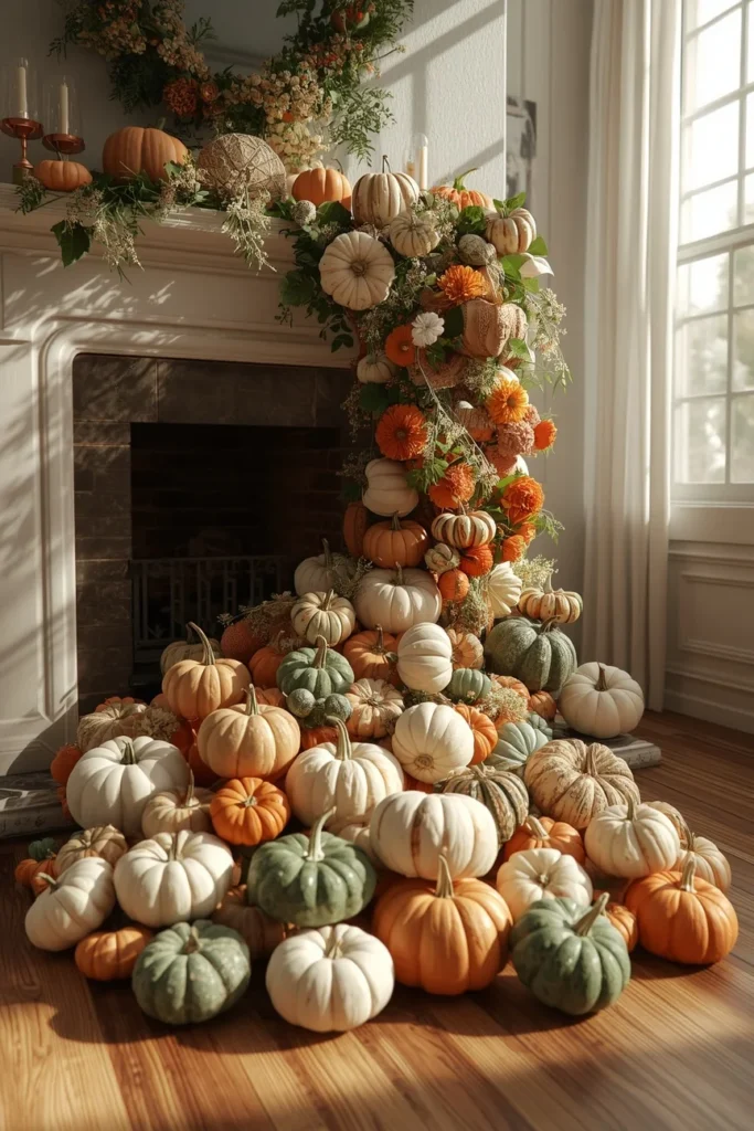 16 Fall Decor Ideas for the Space in Front of Your Fireplace 3 living room fireplace, featuring a cascading arrangement of white, heirloom green, and orange pumpkins