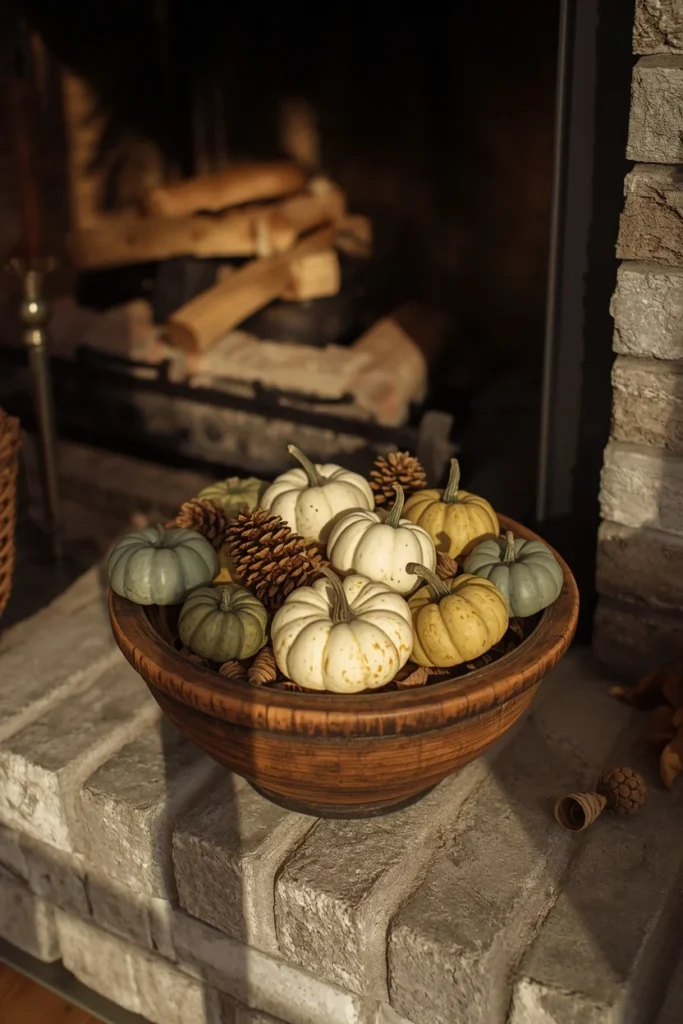  farmhouse living room fireplace, featuring a worn wooden dough bowl filled with mini pumpkins,