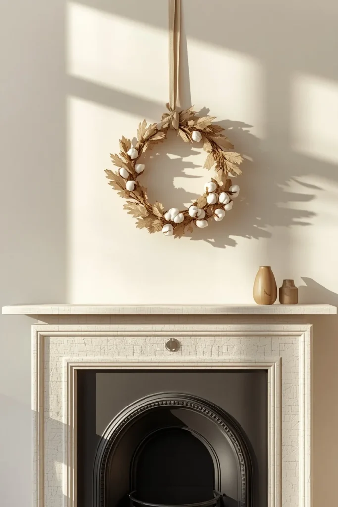 fireplace mantel and wall, featuring a natural dried oak leaf and cotton boll wreath hung
