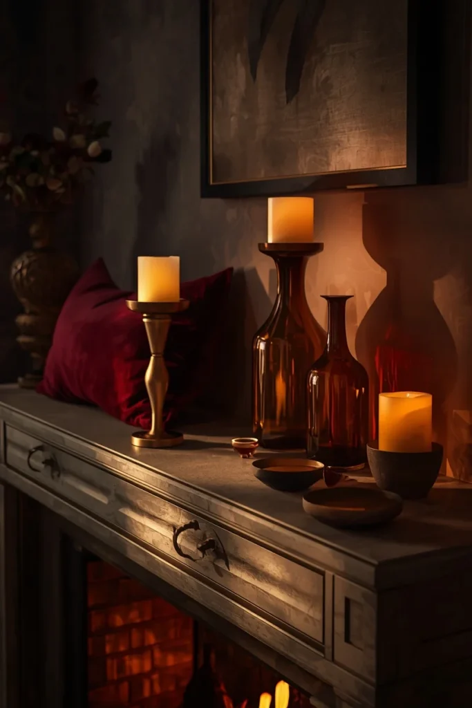  living room mantel, featuring amber glass candle holders and vases in varying heights,