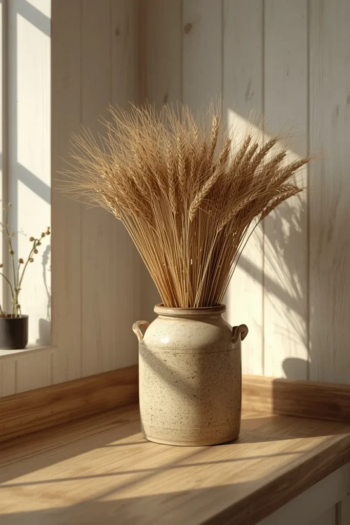 kitchen counter, featuring a bundle of dried wheat stems arranged in a tall 