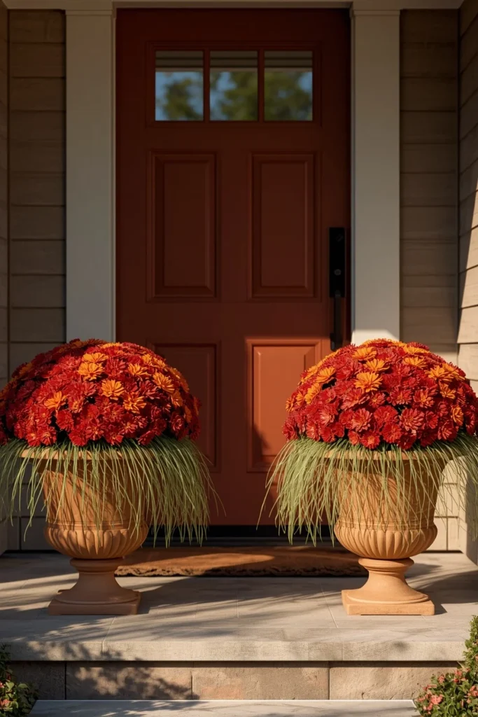 23 Fall Front Porch Decor Ideas Neighbors Will Envy 3 front porch entry, featuring a pair of large terra cotta planters filled with layered deep red