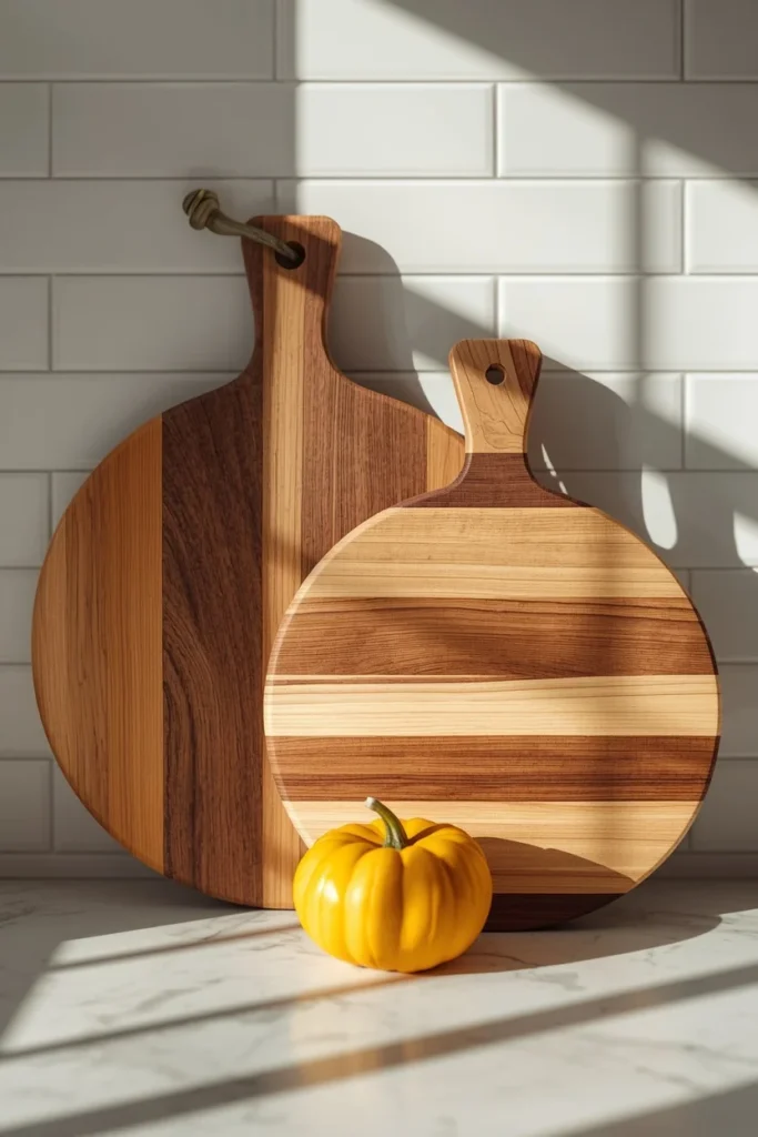 17 Fall Kitchen Countertop Decor Ideas That Feel Cozy, Not Cluttered 3 kitchen counter shot, featuring three wood cutting boards in varying sizes