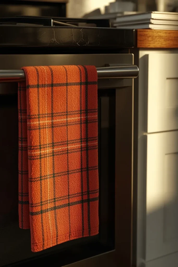 20 Fall Kitchen Decor Ideas That Are Easy to Recreate 3 kitchen close-up, featuring a rust-colored plaid kitchen towel hanging from an oven