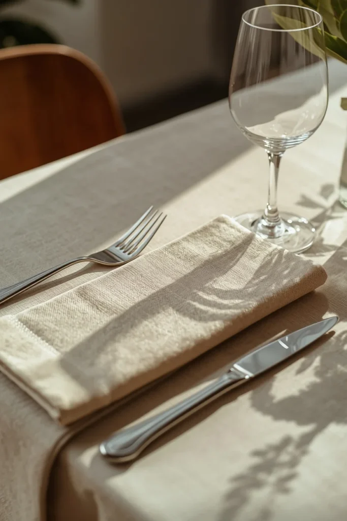 18 Fall Table Setting Ideas for Cozy Autumn Dinners 3 dining table, featuring a rust-colored linen runner draped loosely down