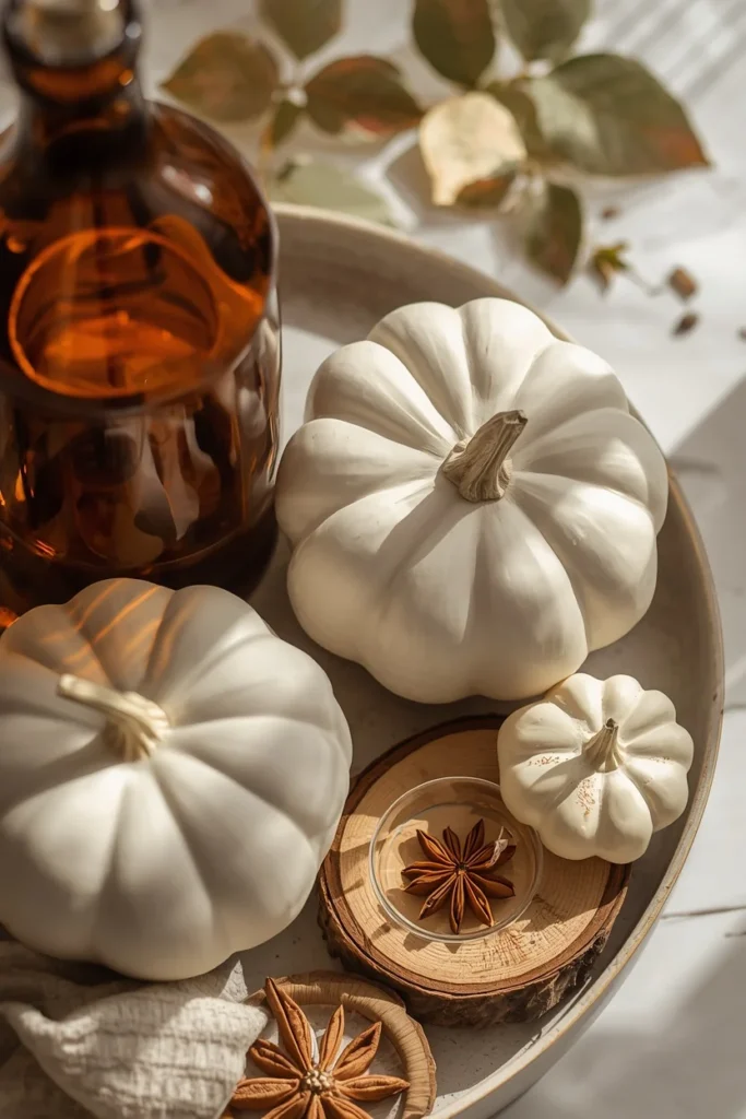  tiered tray close-up, featuring a vintage amber glass bottle beside smooth white ceramic pumpkins