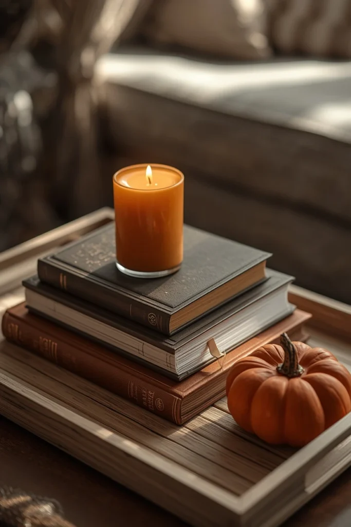 15 Fall Tray Decor Ideas to Style Your Coffee Table Like a Pro 3 coffee table tray, featuring a stack of three hardcover books topped with a warm amber