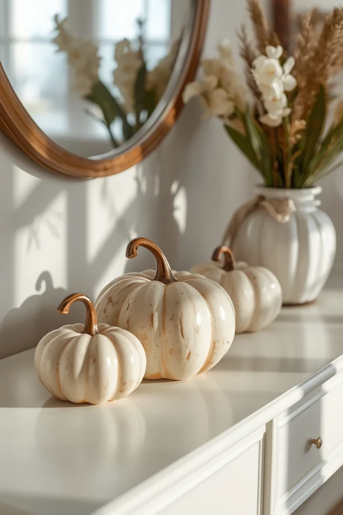  console table, featuring three ceramic pumpkins in small, medium