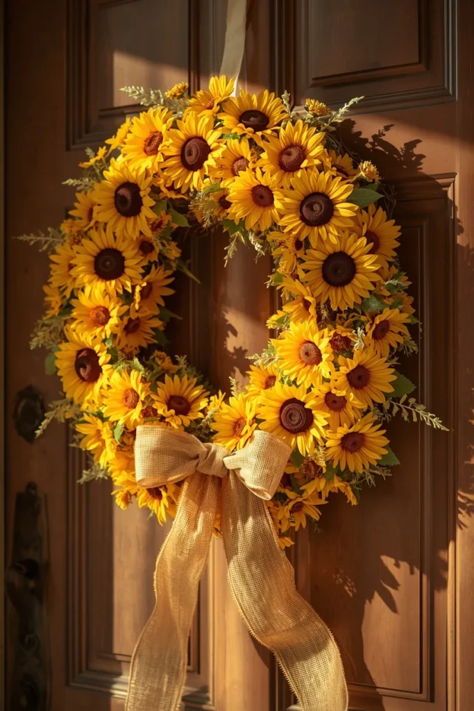 24 Fall Wreath Ideas to Welcome the Season in Style 3 front door, featuring a grapevine wreath densely covered in artificial sunflowers