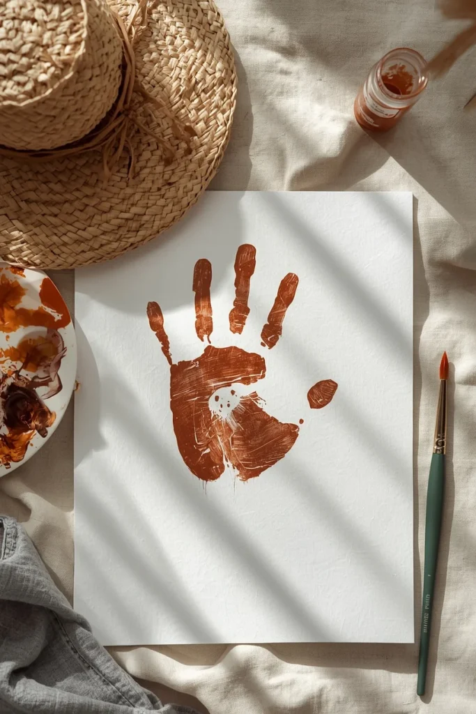 19 Fun DIY Scarecrow Ideas for fall that Kids Will Love Making 3 craft table close-up, featuring a finished handprint scarecrow painting with brown handprint arms