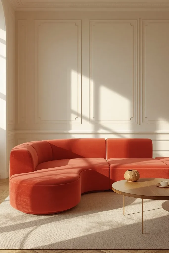 15 FunHaus Interior Ideas for a Bold, Playful Home That Breaks the Rules 3 living room shot, featuring a curved sculptural modular sofa in bold coral velvet,