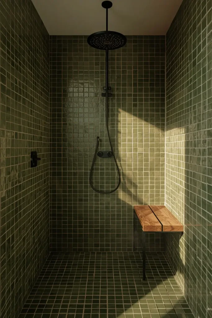 21 Green Bathroom Ideas That Bring Nature's Calm Into Your Home 3 walk-in shower, featuring floor-to-ceiling olive green zellige tile with visible handmade texture