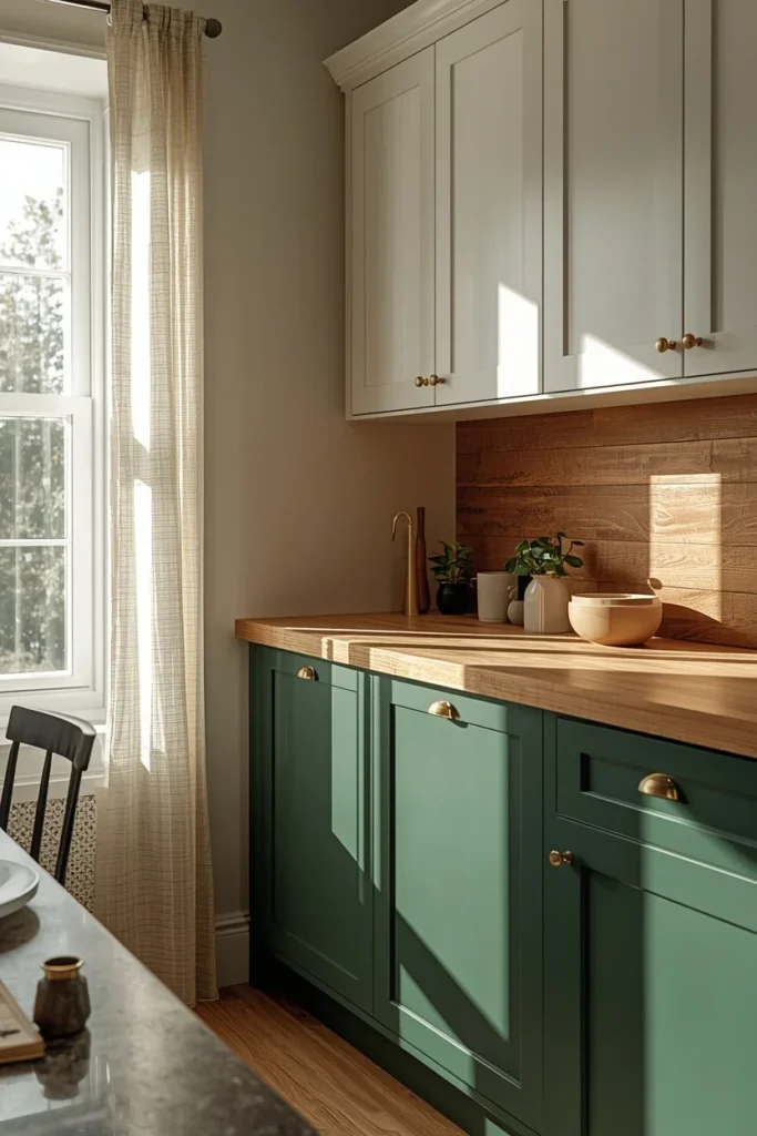 17 Green Kitchen Designs That Feel Bold, Fresh & Totally Unexpected 3 kitchen, featuring forest green lower cabinets paired with warm white upper cabinets,