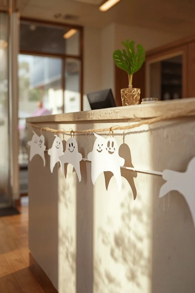  medical reception desk display, featuring a hand-cut white cardstock ghost garland