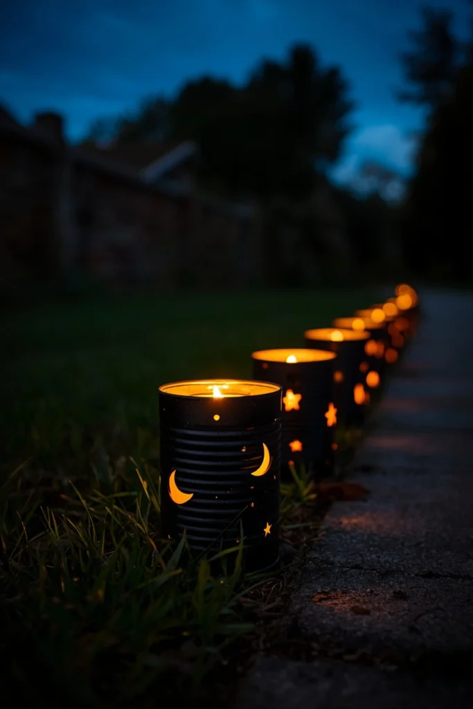 18 Halloween Walkway Ideas That Set the Spooky Mood Early 3 DIY luminaries, featuring black-painted tin cans with hammered star and moon patterns