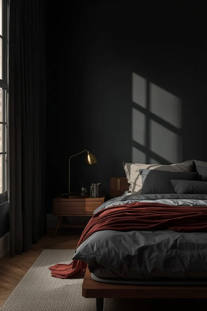  dark Japandi bedroom, featuring charcoal painted walls, a low walnut platform bed frame