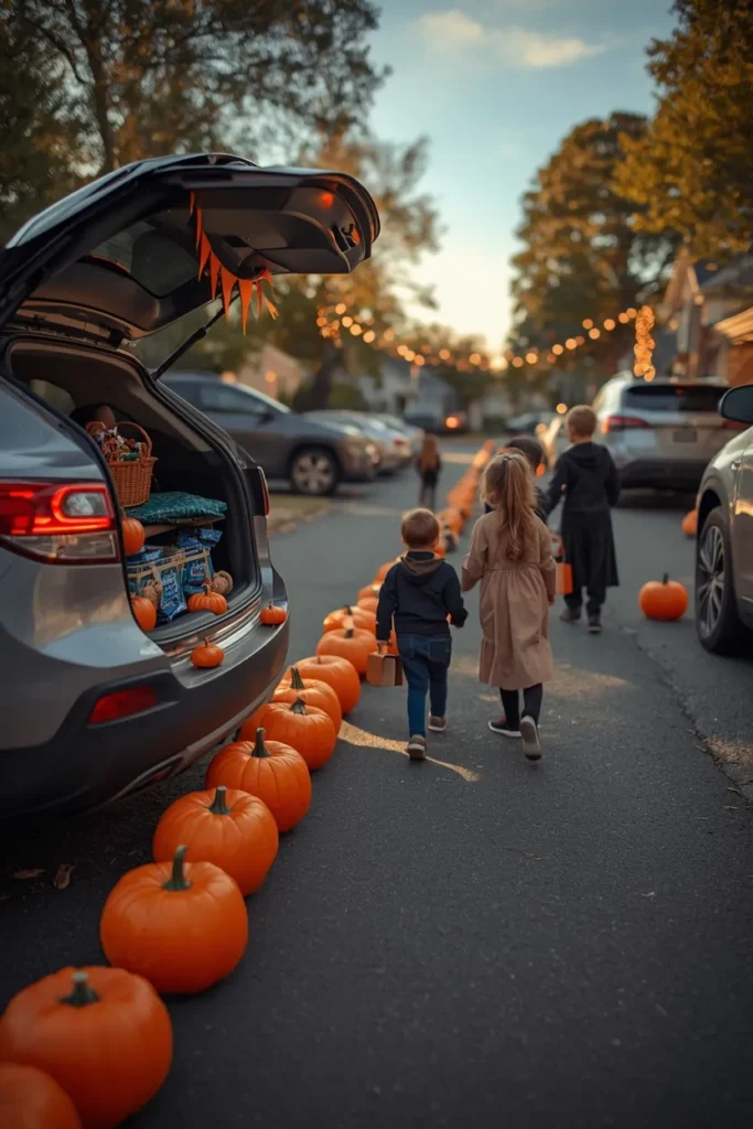  trunk-or-treat scene, featuring an open car trunk decorated with orange and black bunting