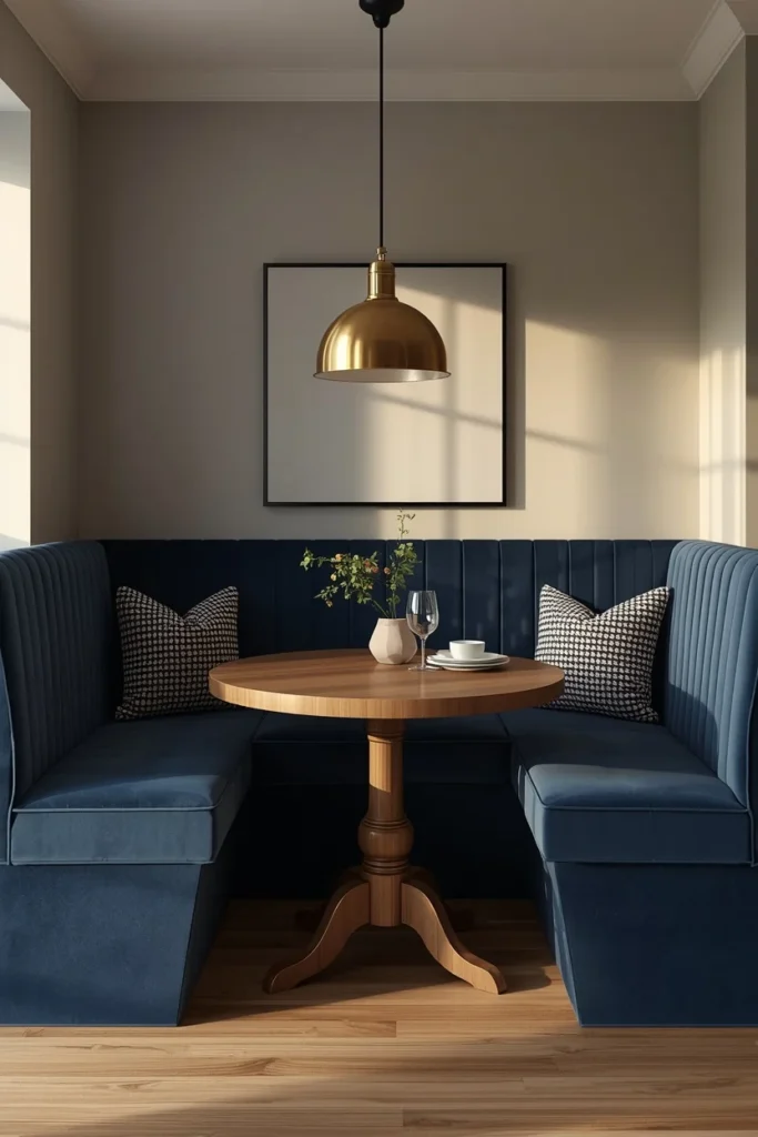 21 Kitchen Banquette Seating Ideas That Make Every Meal Feel Special 3 kitchen nook, featuring a deep navy U-shaped banquette upholstered in performance velvet