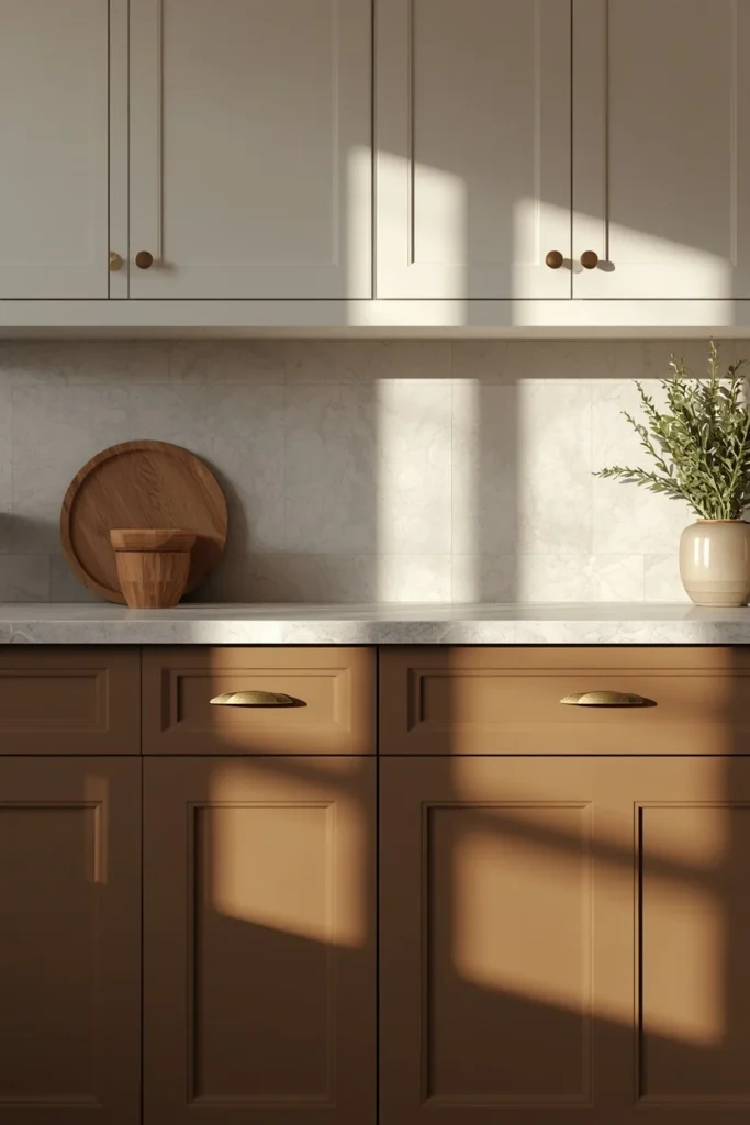  kitchen, featuring mushroom-toned lower cabinets and warm white upper cabinets