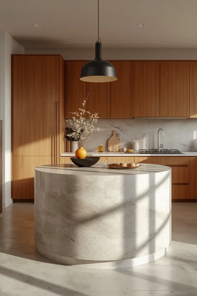 kitchen, featuring a kitchen island with a soft curved rounded corner 