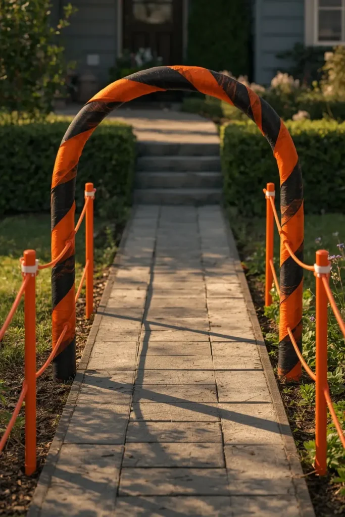 front walkway, featuring a pool noodle archway frame wrapped in black and orange fabric strips 