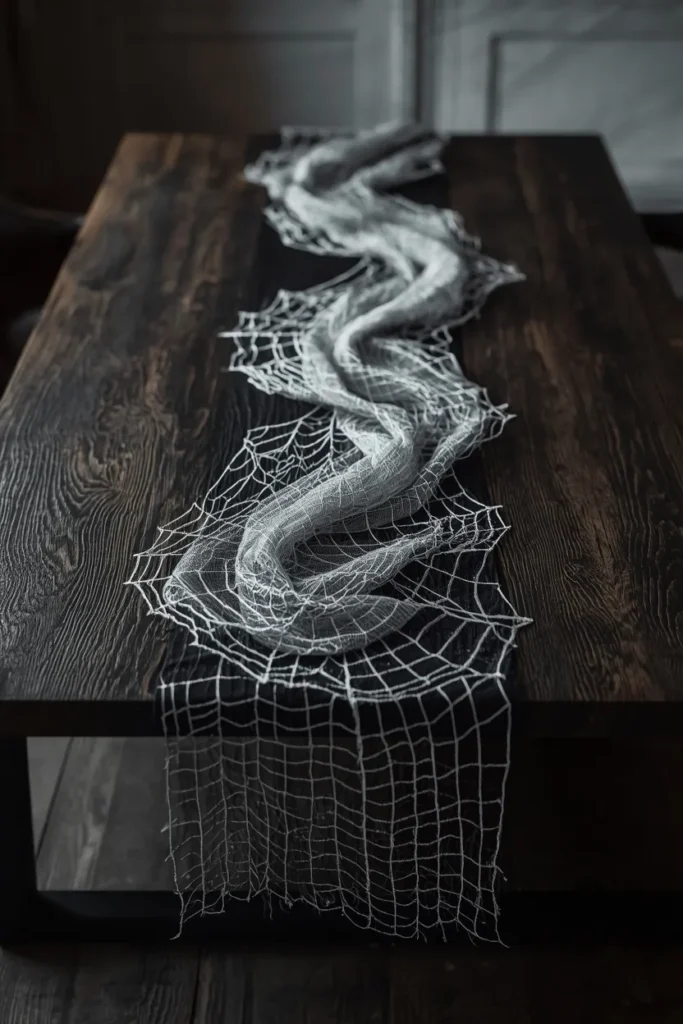 15 Last-Minute Halloween Tablescape Ideas That Look Planned 3 dining table runner shot, featuring a wispy spiderweb table runner