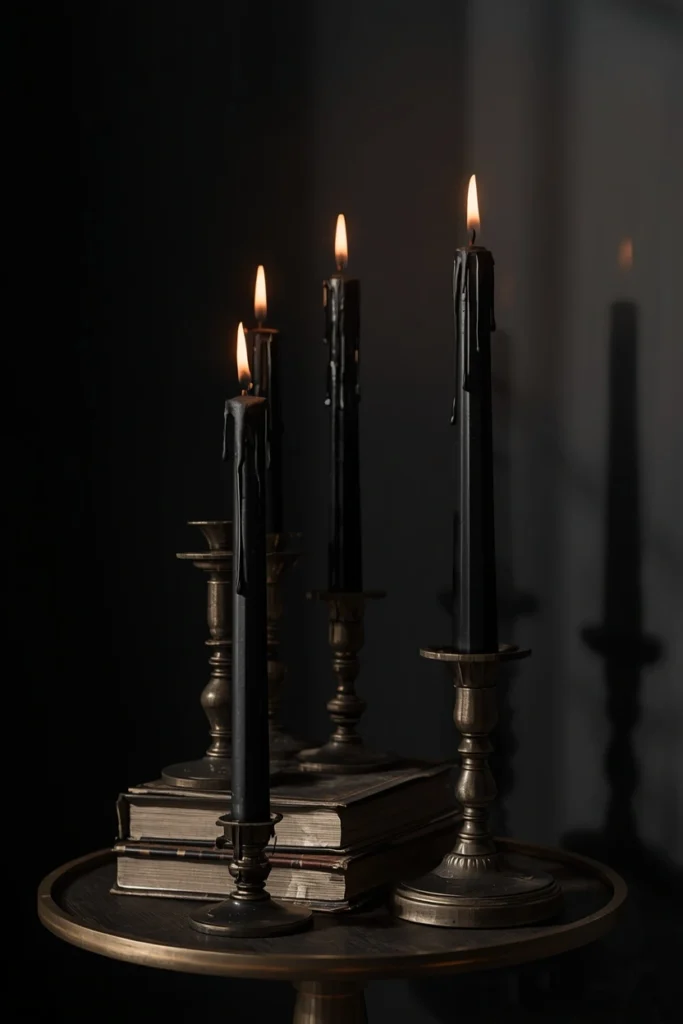 side table styled with a cluster of five black taper candles at uneven heights,