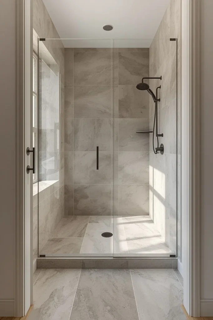 25 Modern Bathroom Designs That Look Like a 5-Star Spa Retreat 3 wet room bathroom, featuring continuous large-format tile flowing