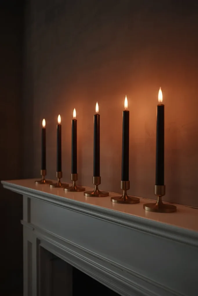 16 Modern Halloween Mantle Decor Ideas That Feel Fresh 3 modern fireplace mantel, featuring five black taper candles in mixed-height brass holders