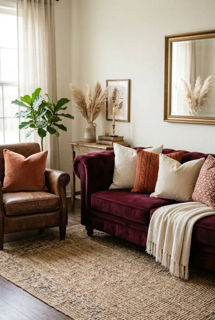  living room, featuring a burgundy velvet sofa with brown leather accent chair