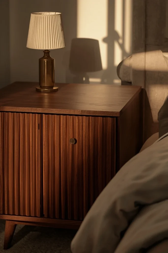  bedroom, featuring a pair of walnut nightstands with vertically fluted fronts