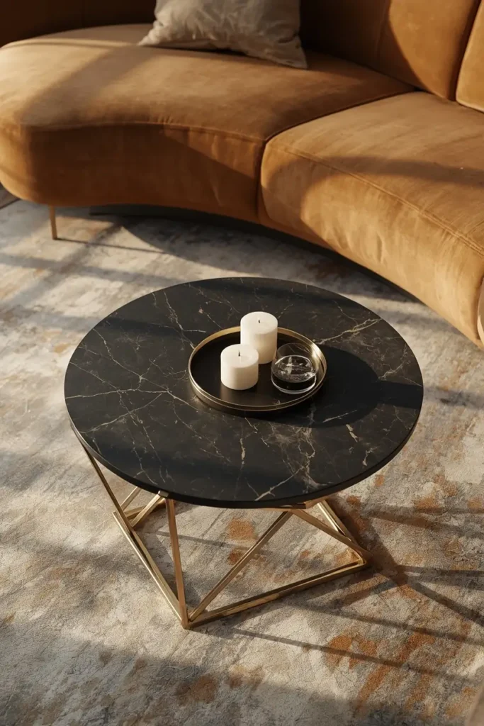  living room coffee table close-up, featuring a geometric brass base topped with dark marble,