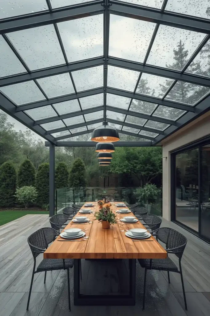  patio dining area, featuring a steel-framed pergola with clear tempered glass roof panels,