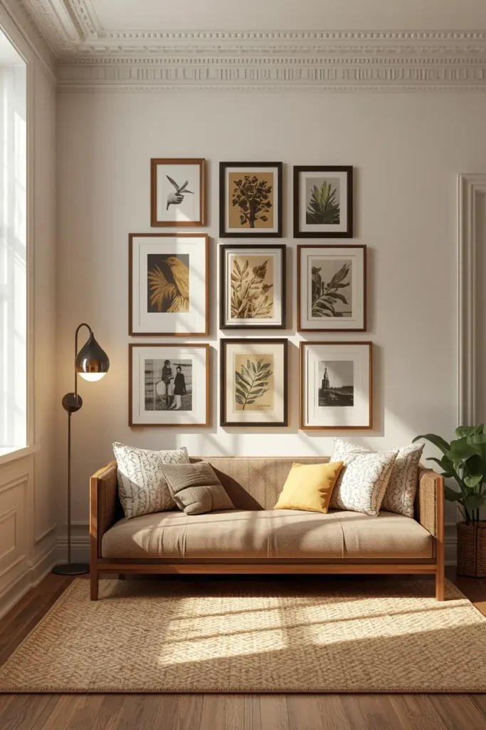 small apartment living room, featuring a gallery wall of mixed art frames extending 
