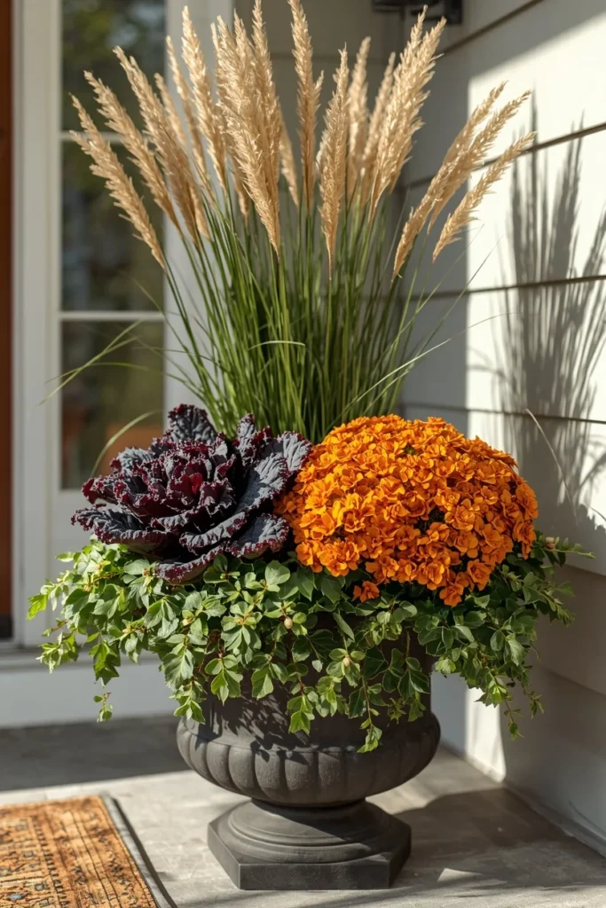 16 Simple Fall Porch Decor Ideas Anyone Can Pull Off This Season 3 front porch planter close-up, featuring ornamental grasses, purple kale, and an orange mum