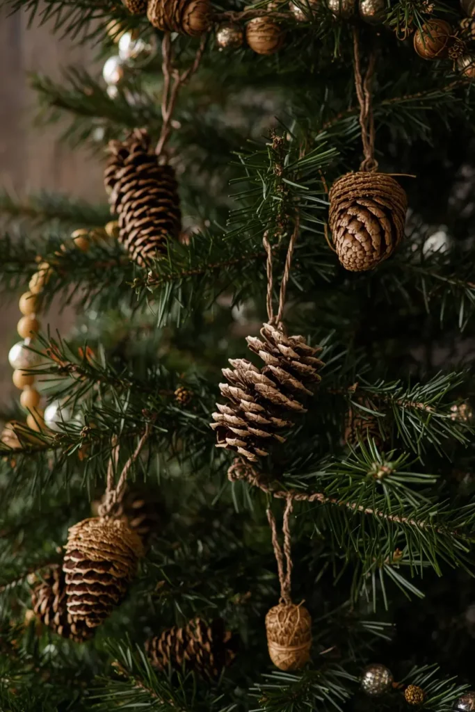 15 Simple Thanksgiving-to-Christmas Tree Transition Ideas 3 woodland-style Christmas tree, featuring pinecones, wooden bead garland,