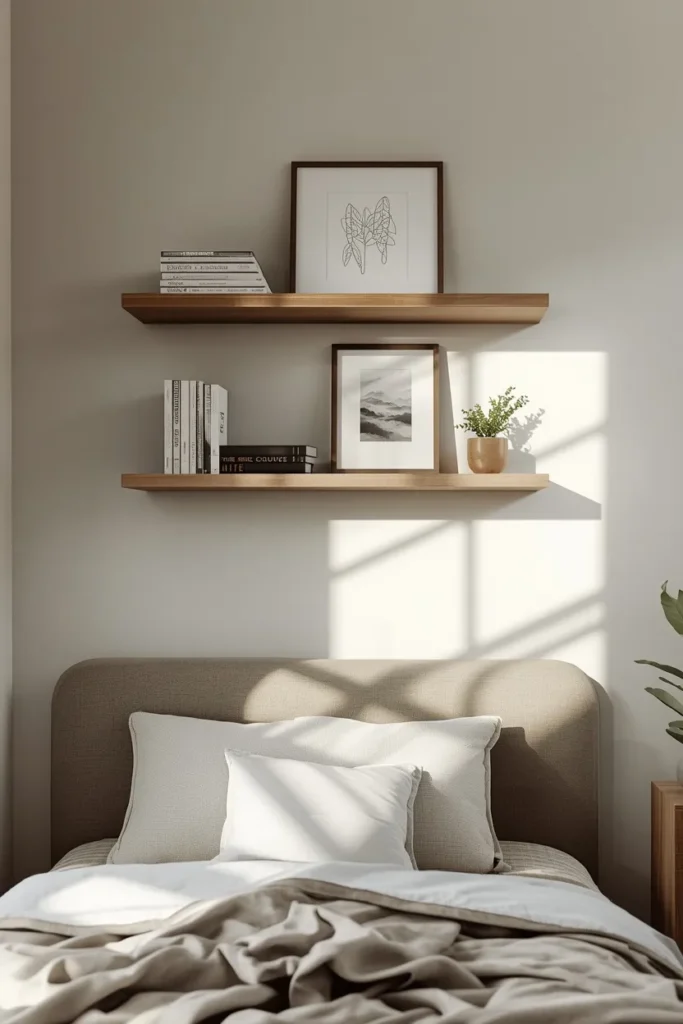 17 Tiny Bedroom Design Ideas for Couples (That Still Feel Romantic) 3 small bedroom, featuring two floating wood shelves installed