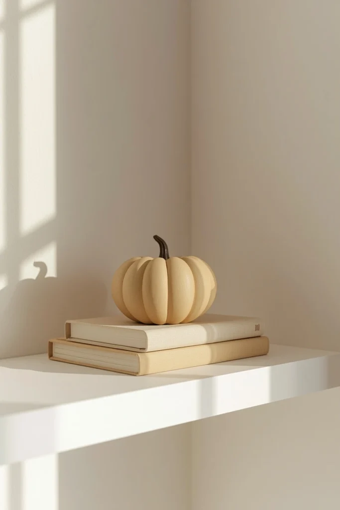 17 Understated Fall Decor Ideas for a Minimal, Modern Home 3 shelf styling shot, featuring a single matte stone-colored ceramic pumpkin